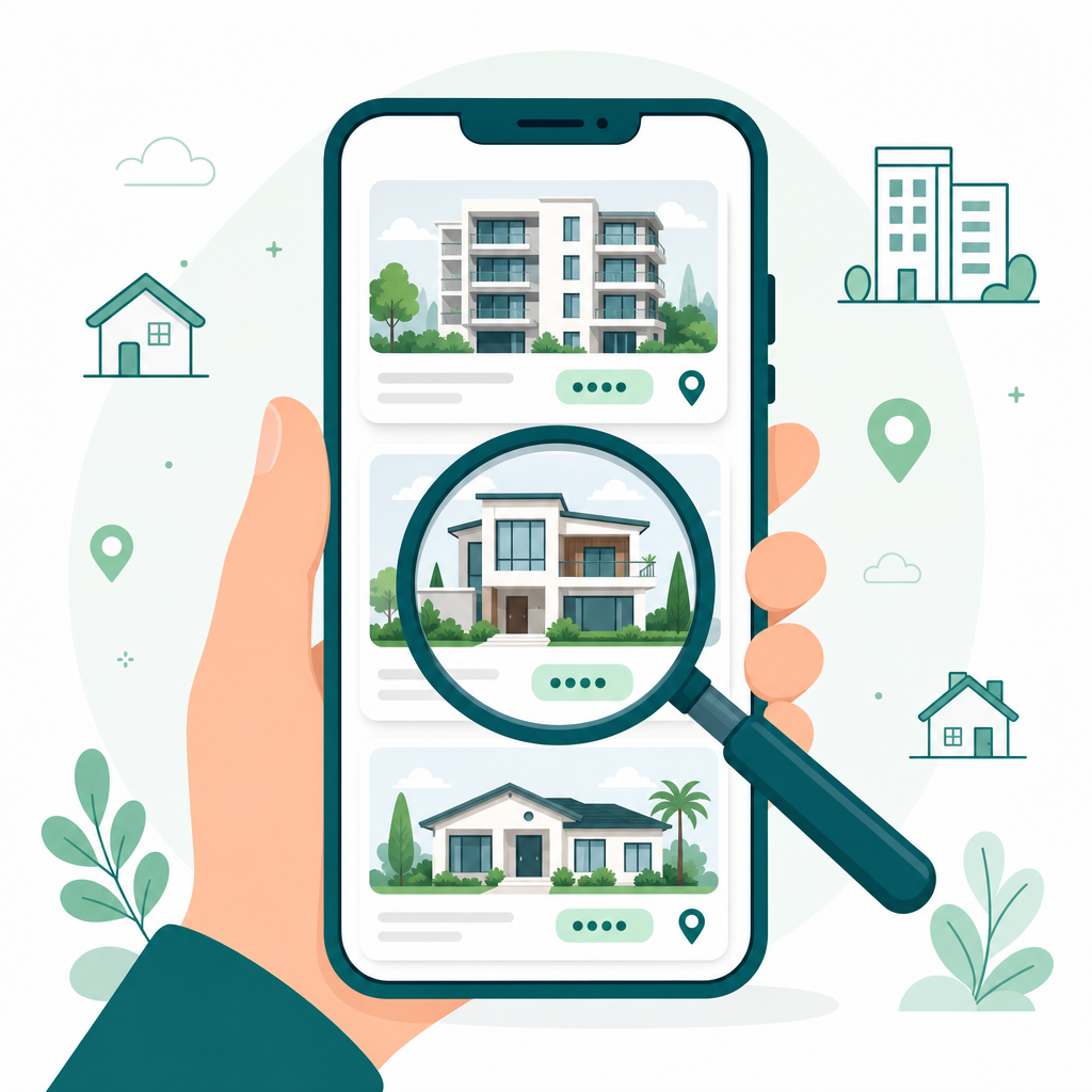 A hand holding a phone browsing property listings, with a magnifying glass over one home
